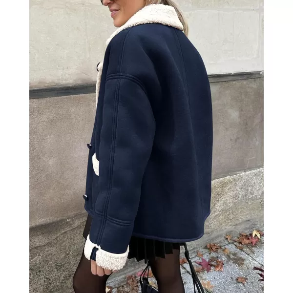 imagePRETTYGARDEN Womens 2023 Winter Suede Coats Fleece Sherpa Lined Jacket Faux Fur Lapel Pockets Warm Fall Fashion OuterwearNavy