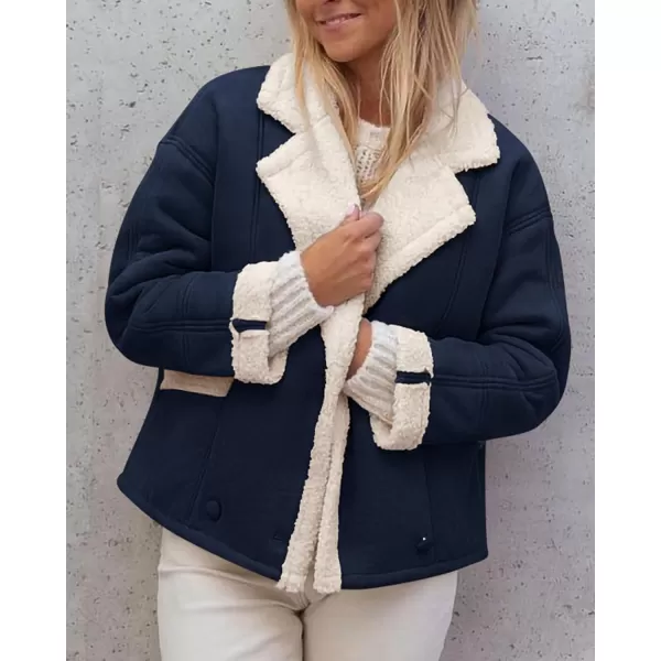 imagePRETTYGARDEN Womens 2023 Winter Suede Coats Fleece Sherpa Lined Jacket Faux Fur Lapel Pockets Warm Fall Fashion OuterwearNavy