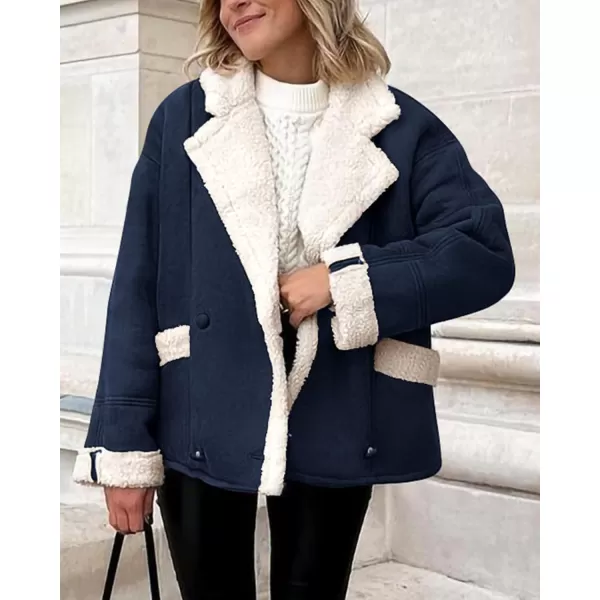 imagePRETTYGARDEN Womens 2023 Winter Suede Coats Fleece Sherpa Lined Jacket Faux Fur Lapel Pockets Warm Fall Fashion OuterwearNavy
