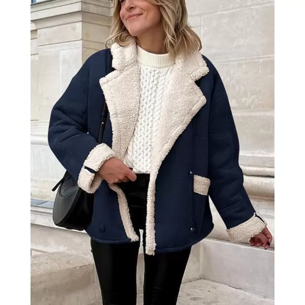 imagePRETTYGARDEN Womens 2023 Winter Suede Coats Fleece Sherpa Lined Jacket Faux Fur Lapel Pockets Warm Fall Fashion OuterwearNavy