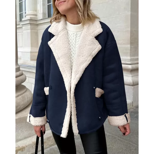 imagePRETTYGARDEN Womens 2023 Winter Suede Coats Fleece Sherpa Lined Jacket Faux Fur Lapel Pockets Warm Fall Fashion OuterwearNavy