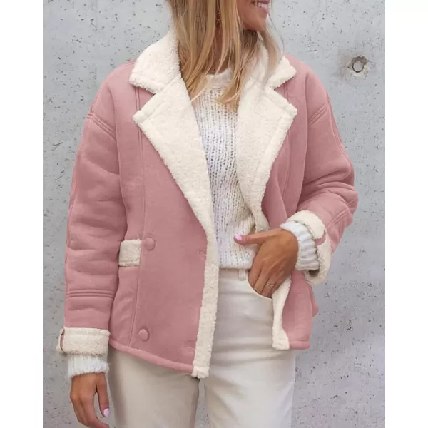 imagePRETTYGARDEN Womens 2023 Winter Suede Coats Fleece Sherpa Lined Jacket Faux Fur Lapel Pockets Warm Fall Fashion OuterwearPink