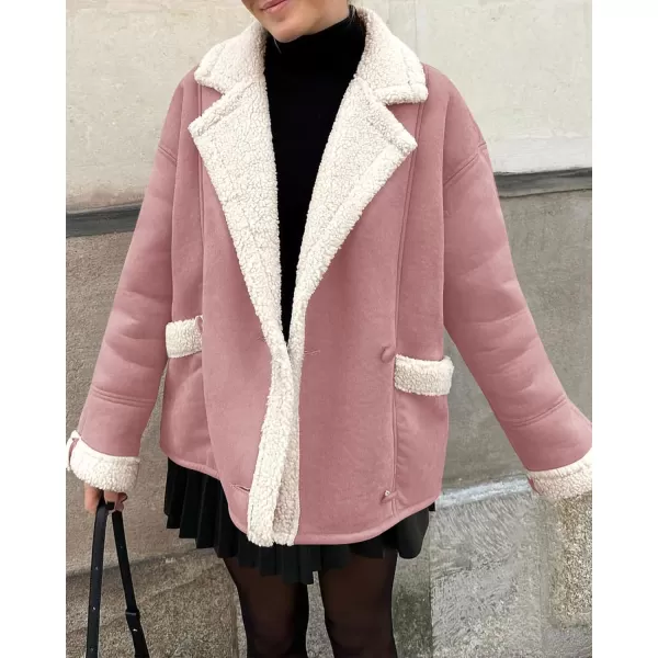 imagePRETTYGARDEN Womens 2023 Winter Suede Coats Fleece Sherpa Lined Jacket Faux Fur Lapel Pockets Warm Fall Fashion OuterwearPink