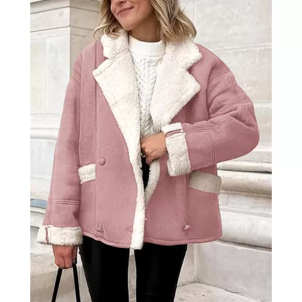 imagePRETTYGARDEN Womens 2023 Winter Suede Coats Fleece Sherpa Lined Jacket Faux Fur Lapel Pockets Warm Fall Fashion OuterwearPink