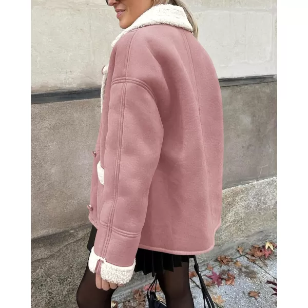 imagePRETTYGARDEN Womens 2023 Winter Suede Coats Fleece Sherpa Lined Jacket Faux Fur Lapel Pockets Warm Fall Fashion OuterwearPink