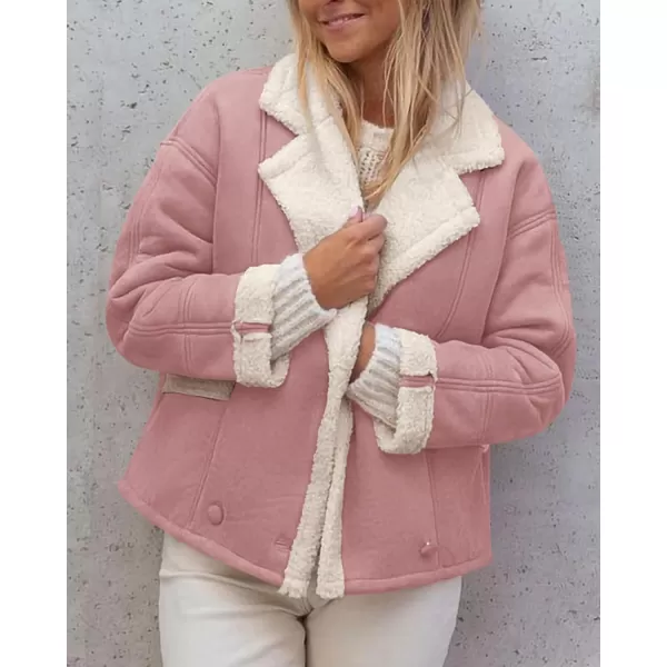 imagePRETTYGARDEN Womens 2023 Winter Suede Coats Fleece Sherpa Lined Jacket Faux Fur Lapel Pockets Warm Fall Fashion OuterwearPink
