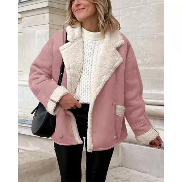 imagePRETTYGARDEN Womens 2023 Winter Suede Coats Fleece Sherpa Lined Jacket Faux Fur Lapel Pockets Warm Fall Fashion OuterwearPink
