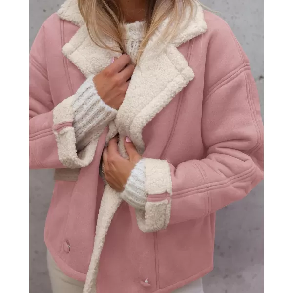 imagePRETTYGARDEN Womens 2023 Winter Suede Coats Fleece Sherpa Lined Jacket Faux Fur Lapel Pockets Warm Fall Fashion OuterwearPink