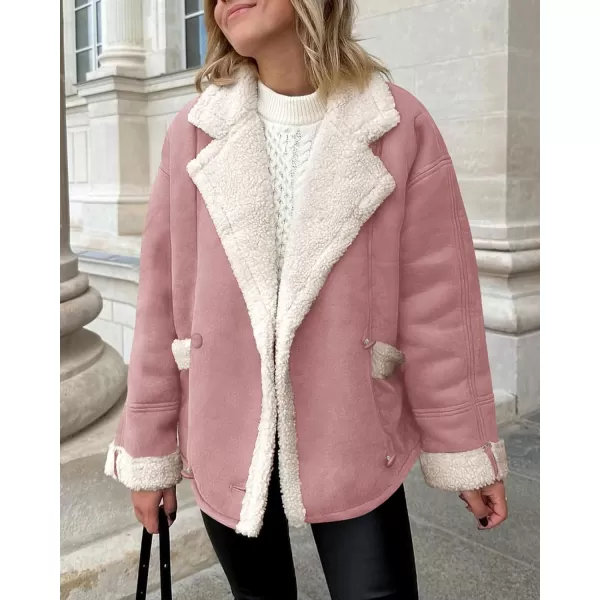 imagePRETTYGARDEN Womens 2023 Winter Suede Coats Fleece Sherpa Lined Jacket Faux Fur Lapel Pockets Warm Fall Fashion OuterwearPink