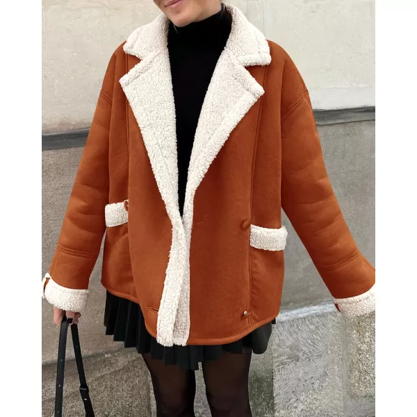 imagePRETTYGARDEN Womens 2023 Winter Suede Coats Fleece Sherpa Lined Jacket Faux Fur Lapel Pockets Warm Fall Fashion OuterwearRust Red