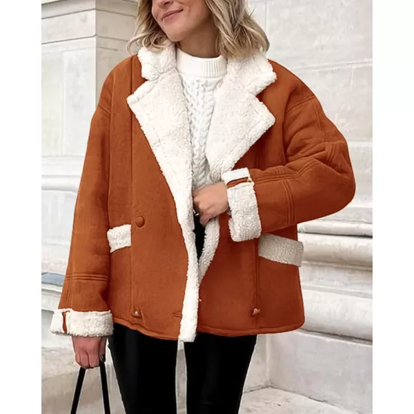 imagePRETTYGARDEN Womens 2023 Winter Suede Coats Fleece Sherpa Lined Jacket Faux Fur Lapel Pockets Warm Fall Fashion OuterwearRust Red