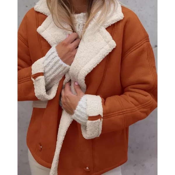 imagePRETTYGARDEN Womens 2023 Winter Suede Coats Fleece Sherpa Lined Jacket Faux Fur Lapel Pockets Warm Fall Fashion OuterwearRust Red