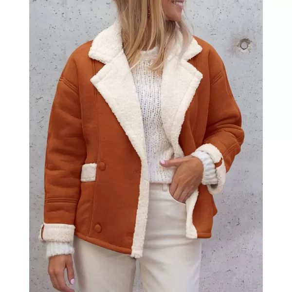 imagePRETTYGARDEN Womens 2023 Winter Suede Coats Fleece Sherpa Lined Jacket Faux Fur Lapel Pockets Warm Fall Fashion OuterwearRust Red