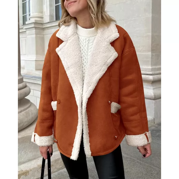imagePRETTYGARDEN Womens 2023 Winter Suede Coats Fleece Sherpa Lined Jacket Faux Fur Lapel Pockets Warm Fall Fashion OuterwearRust Red