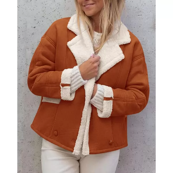 imagePRETTYGARDEN Womens 2023 Winter Suede Coats Fleece Sherpa Lined Jacket Faux Fur Lapel Pockets Warm Fall Fashion OuterwearRust Red
