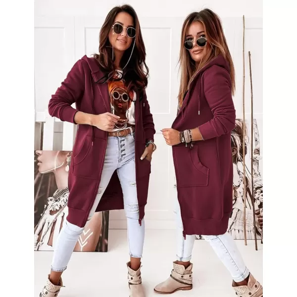 imagePRETTYGARDEN Womens 2023 Zip Up Hoodies Casual Long Sleeve Sweatshirts Fall Jacket Hooded Coat with PocketsWine Red