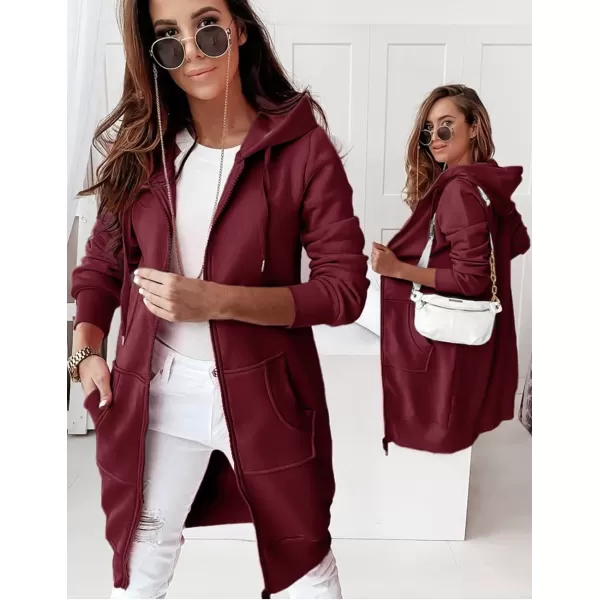 imagePRETTYGARDEN Womens 2023 Zip Up Hoodies Casual Long Sleeve Sweatshirts Fall Jacket Hooded Coat with PocketsWine Red