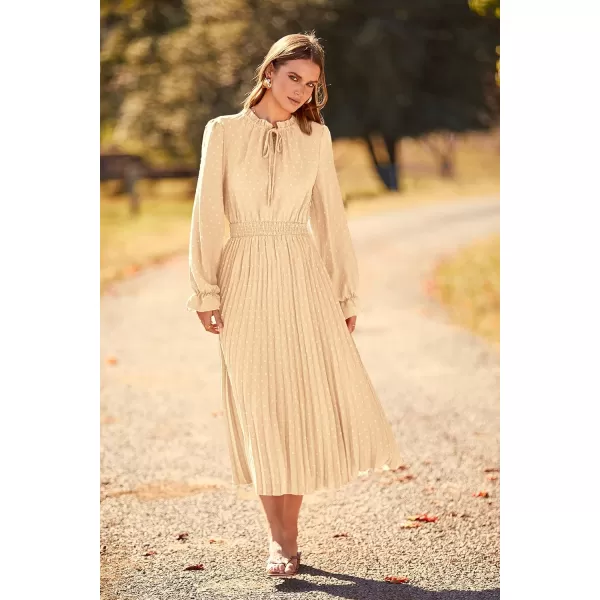 imagePRETTYGARDEN Womens 2024 Fall Midi Dress Casual Long Sleeve V Neck Swiss Dot Pleated A Line Flowy DressesApricot