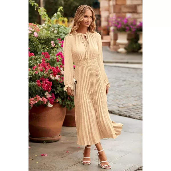 imagePRETTYGARDEN Womens 2024 Fall Midi Dress Casual Long Sleeve V Neck Swiss Dot Pleated A Line Flowy DressesApricot