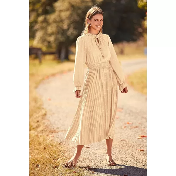 imagePRETTYGARDEN Womens 2024 Fall Midi Dress Casual Long Sleeve V Neck Swiss Dot Pleated A Line Flowy DressesApricot