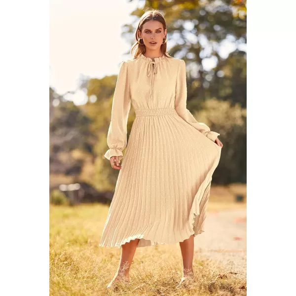imagePRETTYGARDEN Womens 2024 Fall Midi Dress Casual Long Sleeve V Neck Swiss Dot Pleated A Line Flowy DressesApricot