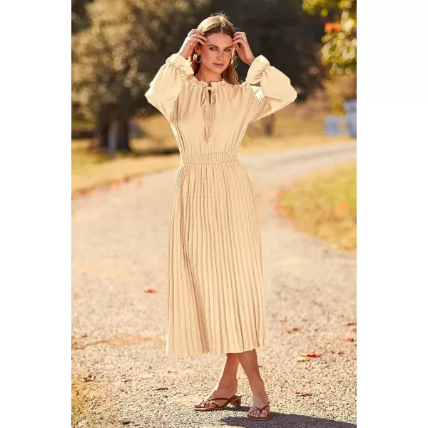 imagePRETTYGARDEN Womens 2024 Fall Midi Dress Casual Long Sleeve V Neck Swiss Dot Pleated A Line Flowy DressesApricot