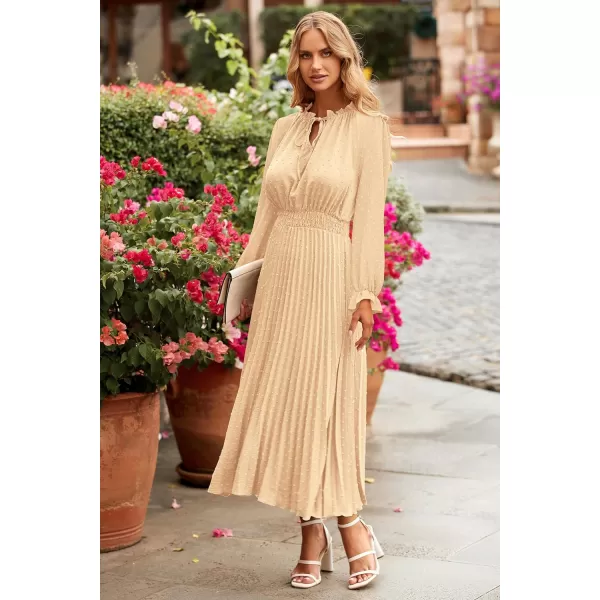 imagePRETTYGARDEN Womens 2024 Fall Midi Dress Casual Long Sleeve V Neck Swiss Dot Pleated A Line Flowy DressesApricot