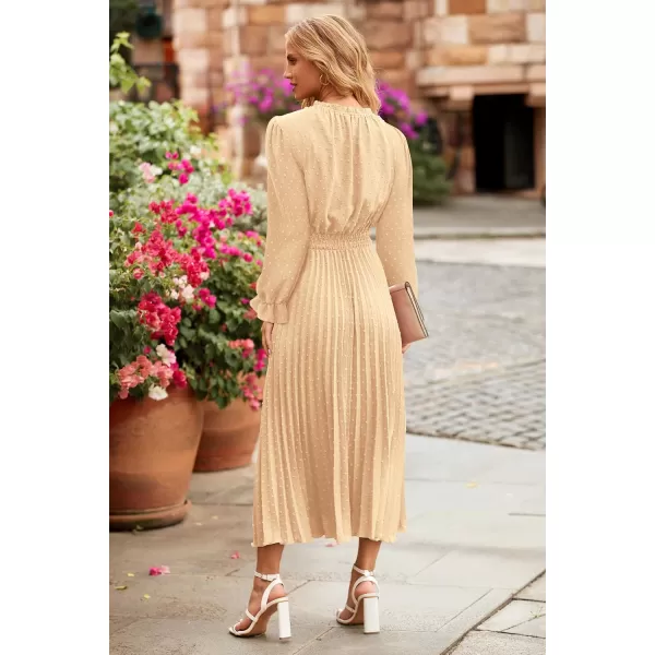 imagePRETTYGARDEN Womens 2024 Fall Midi Dress Casual Long Sleeve V Neck Swiss Dot Pleated A Line Flowy DressesApricot