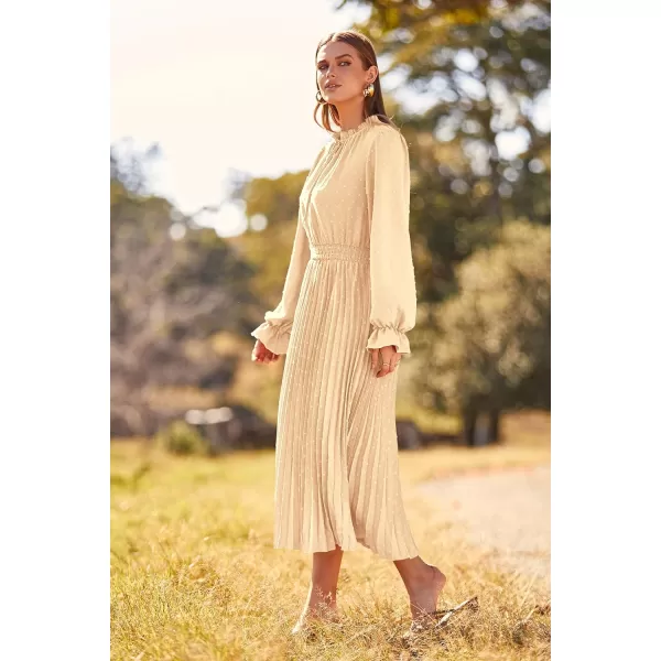 imagePRETTYGARDEN Womens 2024 Fall Midi Dress Casual Long Sleeve V Neck Swiss Dot Pleated A Line Flowy DressesApricot