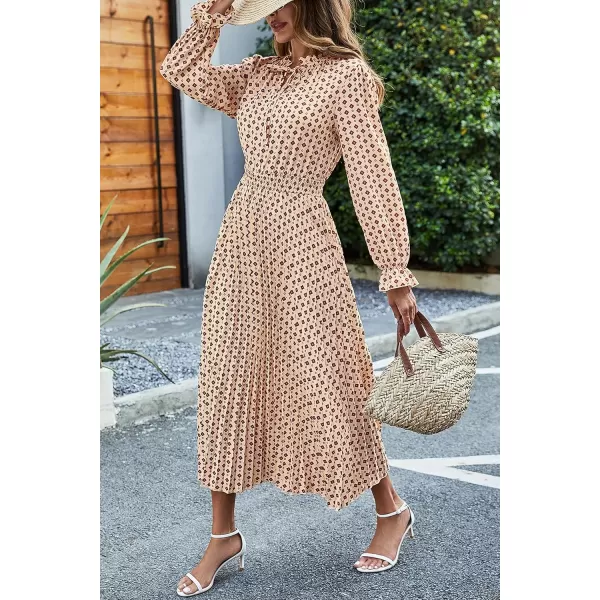imagePRETTYGARDEN Womens 2024 Fall Midi Dress Casual Long Sleeve V Neck Swiss Dot Pleated A Line Flowy DressesApricot Brown Floral