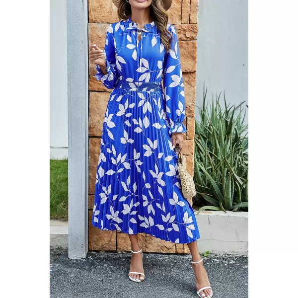 imagePRETTYGARDEN Womens 2024 Fall Midi Dress Casual Long Sleeve V Neck Swiss Dot Pleated A Line Flowy DressesBlue Leaves