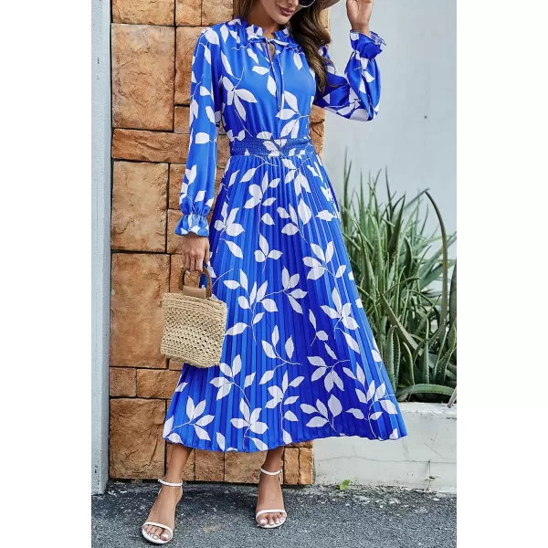 imagePRETTYGARDEN Womens 2024 Fall Midi Dress Casual Long Sleeve V Neck Swiss Dot Pleated A Line Flowy DressesBlue Leaves