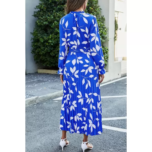 imagePRETTYGARDEN Womens 2024 Fall Midi Dress Casual Long Sleeve V Neck Swiss Dot Pleated A Line Flowy DressesBlue Leaves