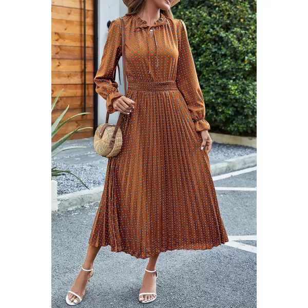 imagePRETTYGARDEN Womens 2024 Fall Midi Dress Casual Long Sleeve V Neck Swiss Dot Pleated A Line Flowy DressesBrown Blue Floral
