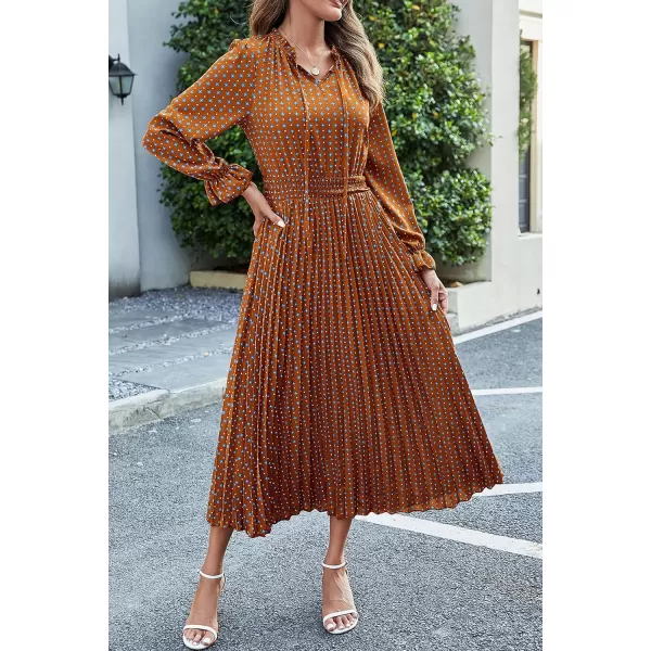 imagePRETTYGARDEN Womens 2024 Fall Midi Dress Casual Long Sleeve V Neck Swiss Dot Pleated A Line Flowy DressesBrown Blue Floral