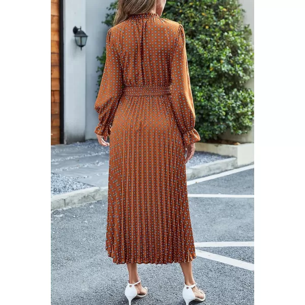 imagePRETTYGARDEN Womens 2024 Fall Midi Dress Casual Long Sleeve V Neck Swiss Dot Pleated A Line Flowy DressesBrown Blue Floral