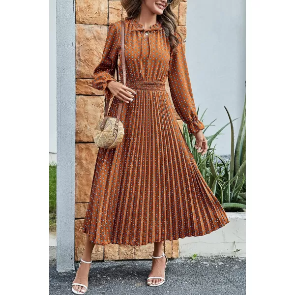 imagePRETTYGARDEN Womens 2024 Fall Midi Dress Casual Long Sleeve V Neck Swiss Dot Pleated A Line Flowy DressesBrown Blue Floral