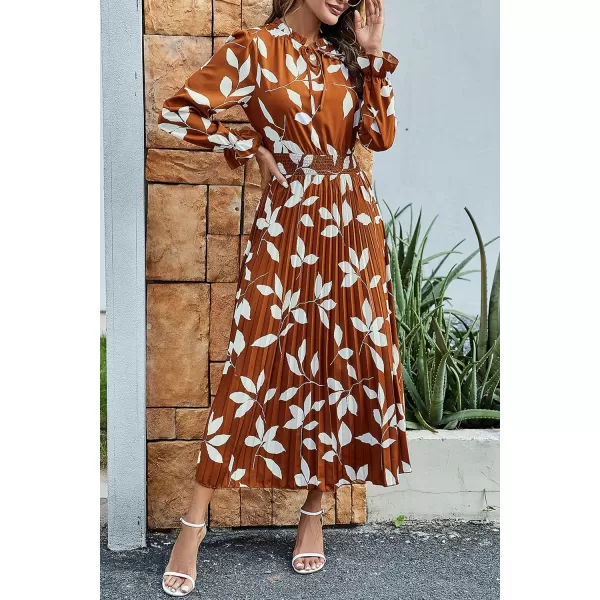 imagePRETTYGARDEN Womens 2024 Fall Midi Dress Casual Long Sleeve V Neck Swiss Dot Pleated A Line Flowy DressesBrown Leaves