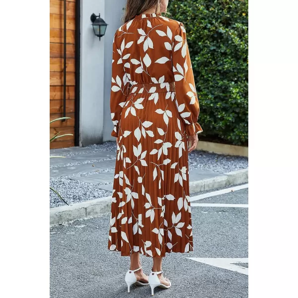imagePRETTYGARDEN Womens 2024 Fall Midi Dress Casual Long Sleeve V Neck Swiss Dot Pleated A Line Flowy DressesBrown Leaves