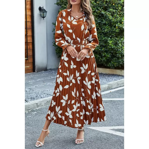 imagePRETTYGARDEN Womens 2024 Fall Midi Dress Casual Long Sleeve V Neck Swiss Dot Pleated A Line Flowy DressesBrown Leaves