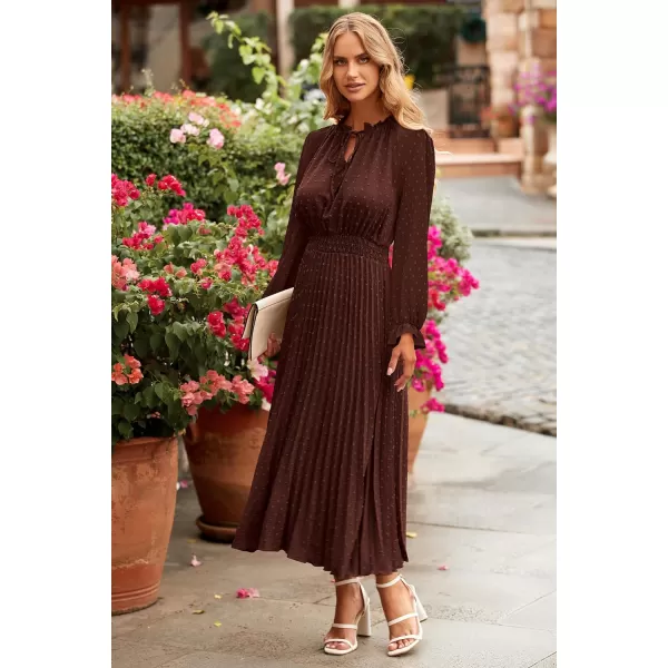 imagePRETTYGARDEN Womens 2024 Fall Midi Dress Casual Long Sleeve V Neck Swiss Dot Pleated A Line Flowy DressesDark Coffee