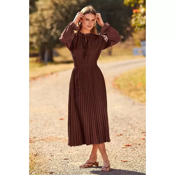 imagePRETTYGARDEN Womens 2024 Fall Midi Dress Casual Long Sleeve V Neck Swiss Dot Pleated A Line Flowy DressesDark Coffee