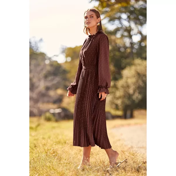 imagePRETTYGARDEN Womens 2024 Fall Midi Dress Casual Long Sleeve V Neck Swiss Dot Pleated A Line Flowy DressesDark Coffee