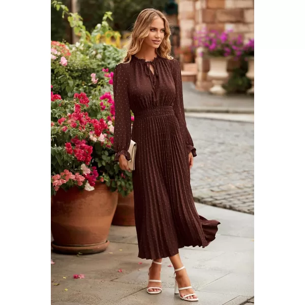imagePRETTYGARDEN Womens 2024 Fall Midi Dress Casual Long Sleeve V Neck Swiss Dot Pleated A Line Flowy DressesDark Coffee