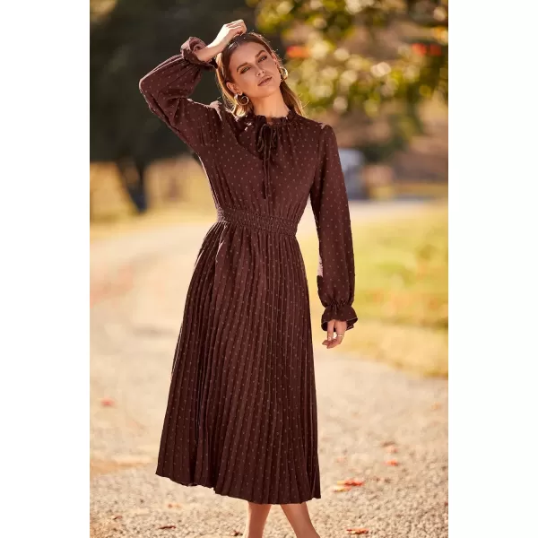 imagePRETTYGARDEN Womens 2024 Fall Midi Dress Casual Long Sleeve V Neck Swiss Dot Pleated A Line Flowy DressesDark Coffee