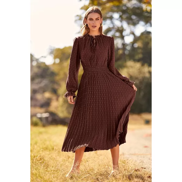 imagePRETTYGARDEN Womens 2024 Fall Midi Dress Casual Long Sleeve V Neck Swiss Dot Pleated A Line Flowy DressesDark Coffee