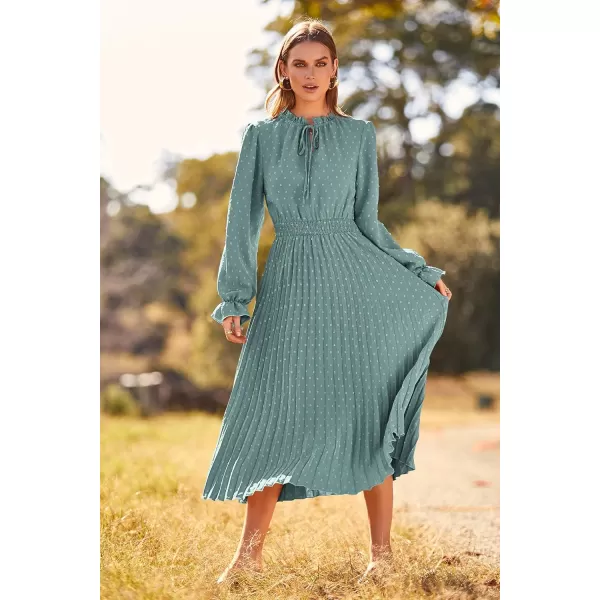 imagePRETTYGARDEN Womens 2024 Fall Midi Dress Casual Long Sleeve V Neck Swiss Dot Pleated A Line Flowy DressesGreen