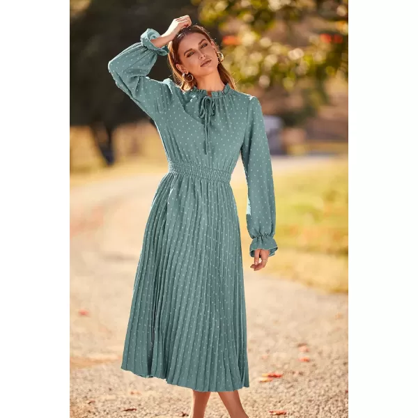 imagePRETTYGARDEN Womens 2024 Fall Midi Dress Casual Long Sleeve V Neck Swiss Dot Pleated A Line Flowy DressesGreen