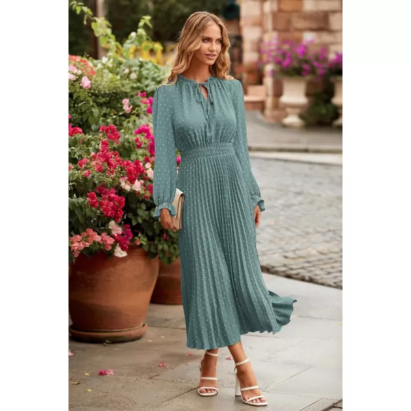 imagePRETTYGARDEN Womens 2024 Fall Midi Dress Casual Long Sleeve V Neck Swiss Dot Pleated A Line Flowy DressesGreen