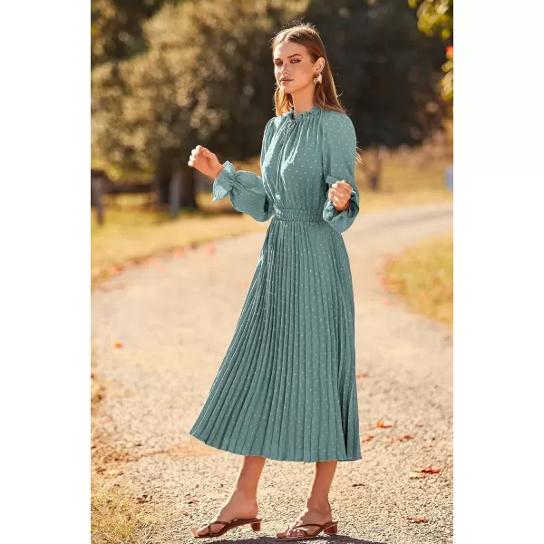 imagePRETTYGARDEN Womens 2024 Fall Midi Dress Casual Long Sleeve V Neck Swiss Dot Pleated A Line Flowy DressesGreen